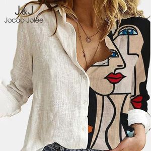 Joco jole kvinnor tryck långärmad t-shirt vår sommar tecknad film botton casual lös vintage kontor lady polo neck 210518