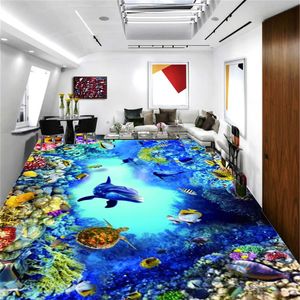 Customized 3d PVC Self-adhesive Floor wallpaper Beautiful Underwater Animals Coral Turtles And dolphins Simple Painting HD Ink printing Wear-Resistant