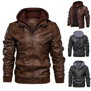 Mens Outwear Bomber 빈티지 가을 블랙 PU 가죽 캐주얼 재킷 슬림 맞는 오토바이 바이커 코트 이동식 후드 211029