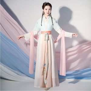 Kinesisk Traditionell Hanfu Festival Party Dress Floral Broderade Kläder Elegant Folk Dance Costume Princess Stage Wear