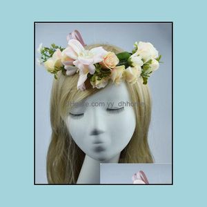 Bröllopshår smycken Bohemian Handmade tyg Lily Flower Crown Brudtillbehör Prom Garland för brudtärna Wreath Pannband Drop Leverans