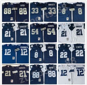 Vintage Dalla Emmitt Smith 8 Troy Aikman Cowboy Football Jersey 21 Deion Sanders Dorsett Irvin 12 Roger Staubach 54 R. Maglie bianche