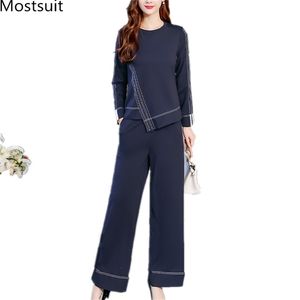 Sonbahar Mavi İki Parçalı Setleri Kıyafetler Kadınlar Artı Boyutu Uzun Kollu Tops ve Pantolon Suits Ofis Zarif Kore 2 210513