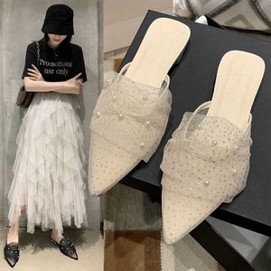 2021 Moda Siatka Koronki Kobiety Sandały Sandały Point Palec Płaskie Dorywczo Slip On Women Mules Oddychające Miękkie Kobiety Zjeżdżamy Lady Buty Y0721