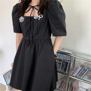 Retro Slim Bow Pearls Girls Sexy Sale Sweet Princess All Match Loose Summer High Waist Mini Dresses 210525