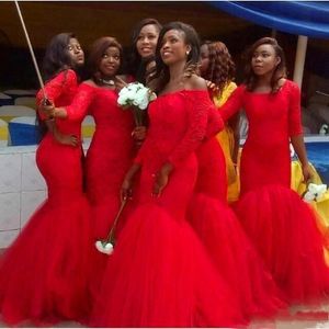 Röd brudtärna klänningar sjöjungfru spetsen fyrkantig hals tyll 2021 skräddarsydd plus size maid of Honor Gown African Country Wedding Wear Wear Vestidos