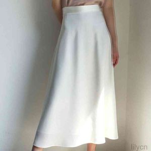 Vintage Kobiety A-Line White Spódnica Wysoka Talia Lato Długie Pure Color Satin Maxi Spódnice Saia Faldas Jupe Femme