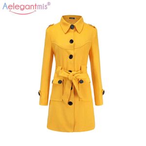 Aleegantmis mulheres casaco de lã casual longa trincheira com cinto outono outono outwear escritório senhora Slim Overcoat 210607