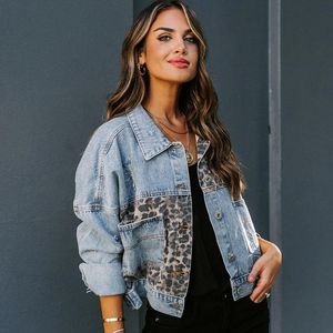 Women's Jackets Spring And Autumn Denim Jacket Long-sleeved European American Leopard Stitching