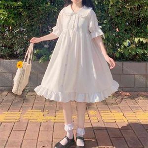 Japanische süße weiße Lolita-Kleid Sommer Peter Pan Kragen lose Kawaii Frauen Flare Sleeve Chiffon es Vestidos 13647 210512