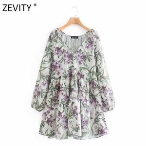 Zevity Frauen elegante V-Ausschnitt Laterne Ärmel Druck lässig lose eine Linie Minikleid Damen Vestidos Chic Urlaub Kleider DS4208 210603