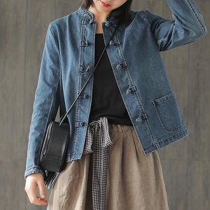 Jaquetas femininas jaqueta de outono para mulher folga de bordado mandarim de colarinho de algodão vintage jeans jean 2021 mulheres os026
