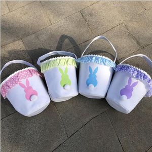 Forniture per feste di Pasqua Secchiello Borse tote per coniglietto Soffici code di coniglio Cestini Borsa per caccia alle uova Regalo per bambini 4 disegni BT1184