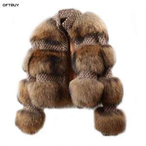 Oftbuy Vinterjacka Kvinnor Parka Real Fur Coat Natural Raccoon Fur Woolen Coat Bomber Jacka Koreanska Streetwear Oversize 210910