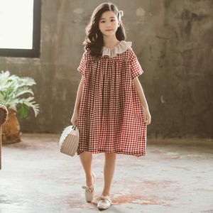 New Kids Dress for Girl Loose Korean Baby Princess 2020 Children Summer Girls Plaid Peter Pan Collar,#5235 Q0716