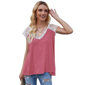 티셔츠 여성 봄 여름 패션 느슨한 레이스 바느질 V 목 핑크 플러스 사이즈 라이트 얇은 캐주얼 탑 Feminina LR1017 210531