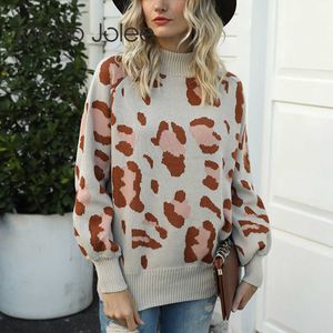 Jocoo Jolee Women Leopard Print Turtleneck tröja vintage lykta ärm Löst stickade tröjor Harajuku Pullover Jumpers Tops 210619