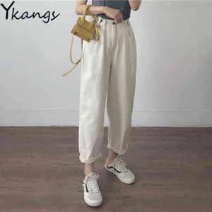 Algodón blanco Suelto novio Pantalones de mezclilla mujer cintura alta más tamaño mamá jeans negro primavera beige azul plátano Jeans streetwear 211129