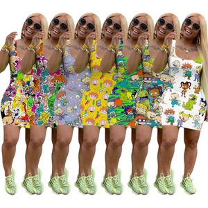 7 Farben Damen Sommerkleid Designer Cartoon Minirock Ärmellos Einteiliges Kleid Nachtclub Plus Größe S-XXXL Damen Sommerkleidung Kostenloser DHL