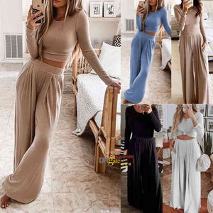 Nya kvinnors byxor Två stycken Set Autumn Winter Round Neck Long Sleeve Wide Leg Jumpsuit