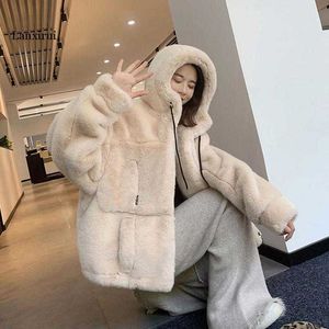 Höst Vinter Faux Fur Coat Kvinna Kanin Fur Hooded Plush Coat Loose Warm Fur Coat Women Y0829