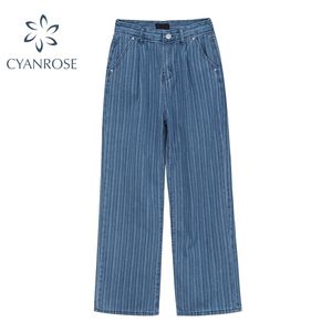 Streetwear vintage cintura alta faixa reta jeans calças mulheres moda de verão azul largo perna jeans causal senhora calça 210515