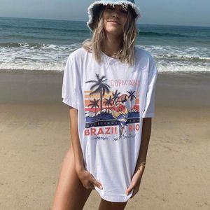 Semester strand t-shirt sommar vit tee surfing kvinnors retro stil avslappnad stor t-shirt