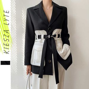 Women Blazer Spring Office Lady Sashes Notched Patchwork Matching Black and White Jackets Suit Blazers Femme Outerwear 210608