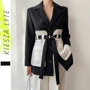 Mulheres Blazer Primavera Escritório Senhora Shashes Patchwork Correspondência Correspondência Preto E Branco Jaquetas Terno Blazers Femme Outerwear 210608