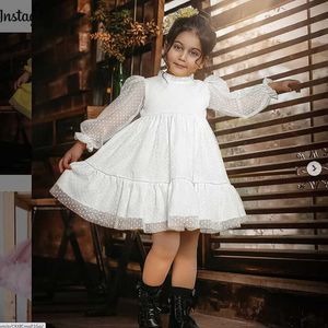 Elegant Kids Dresses For Girls Children Autumn Long Sleeves Christmas Lace Flower Tulle Vestidos New Year Dots Princess Clothes G1026