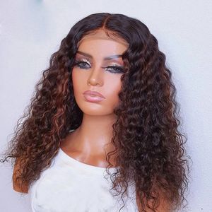 Ombre truskawkowy brązowy głębokie fala kręcona 360 czołowych ludzkich włosów peruki naturalne linię włosów sprężystą 13x6 Transprent HD Lace Wig