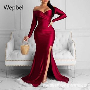 WePbel Borgonha Borgonha Slash Vestidos Mulheres Sexy Party Split Drlong Manga Cintura Alta Bodycon Cor Sólida Moda Vestido X0529