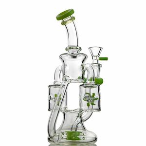 Unique Hookahs Double Recycler Glass Bong Propeller Percolater Water Pipes Green Purple Glass Bongs 14mm Joint Oil Dab Rigs With Bowl