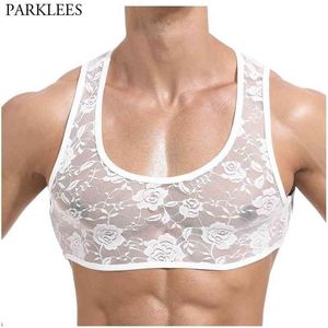 Mäns spets Se genom tankar Top Sexiga Transparent Ärmlös Mesh T-shirts Mens Monterade Nattkläder Fishnet Undershirt 2XL 210522