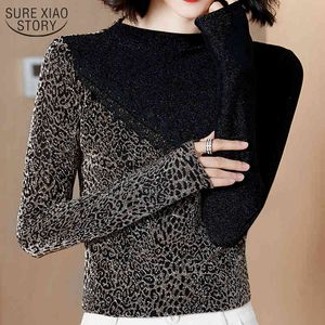Plus Storlek Hög Elastiska Bottom Skjortor Stitching Lace Slim-Fit Vintage Half-Collar Leopard Guld Lines Stretch Shirt 11463 210508