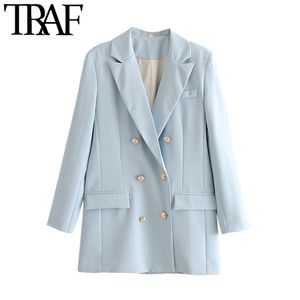 TRAF Kadınlar Moda Ofis Kıyafeti Kruvaze Blazer Ceket Vintage Uzun Kollu Sırt Genginler Kadın Giyim Şık 211122 Tops