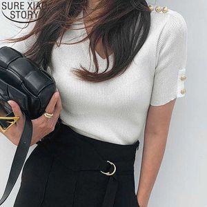 한국 패션 여름 코튼 셔츠 여성 V 넥 풀오버 니트웨어 캐주얼 스웨터 짧은 소매 탑스 14719 210527