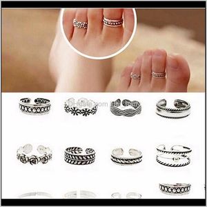 Vintage Retro Antique Silver Beach Punk Elephant Moon Arrow Set Ethnic Carved Justerbar öppen fingerfot FB0M4 RINGS DZKRS