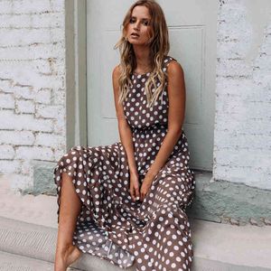 Ärmlös Brun Polka Dot Maxi Klänning Kvinnors Sommar Klänningar Vintage Sundress En Linje Boho Elegant Lös Casual Lång Klänning 210507