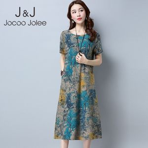 Jocoo Jolee Vintage Loose Dress Kvinnor Kortärmad Bomull Linne Tryck Midi Klänning Sommar Plus Storlek Kinesisk stil Klänning Vestidos 210518