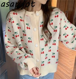 Gentle Cherry Jacquard Cardigan Jacket Chic Korean Fashion Höst O Neck Blomma Broderi Tröjor Knitwear Toppar Sweet 210429