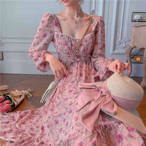 ピンクのエレガントな花のドレスの女性秋のプリントシフォンパーティーミディド​​レス女性のカジュアルデザイナー韓国の甘いドレス2021春Y1204