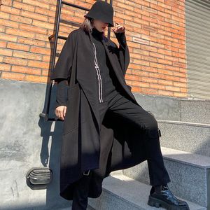 Kvinnors Trench Coats Xuxi Autumn Coat Women Half Sleeve Loose Cardigan Black Fashion Wide-Waisted O-Neck Streetwear Long Windbreaker FZ2409