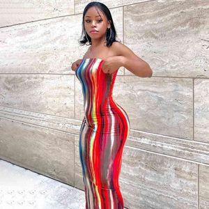 Kvinnor Casual Tube Long Dress Summer Off Shoulder Stropless Tie-Dye Print Bodycon Maxi Robe Sexig Evening Party Club 210517