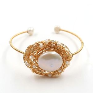 Bangle fysl ljus gul guld färgtråd wrap oregelbundna form pärlor öppna för kvinnor charm smycken