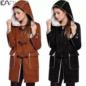 Women's Fur & Faux Sheepskin Coat Women Winter Warm Suede Long Cashmere Thick Coats Brown Black Vintage Horn Button
