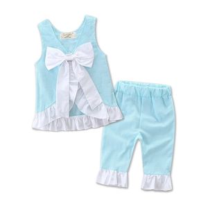 Rüschen Baby Mädchen Boutique Rosa Blau Gelb Lila Aqua Seersucker Stoff Outfits für Mädchen Sommer Swing Top Hose Set 210326