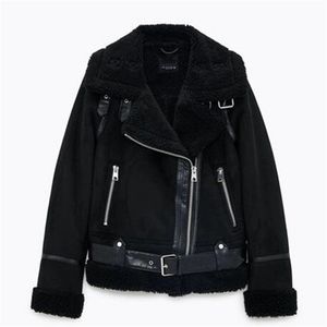 Faux Fur Leather Jacket Women Wool Coat Winter Thick Motorcycle s Vintage Suede Lambswool Coats Loose Outwear 210909