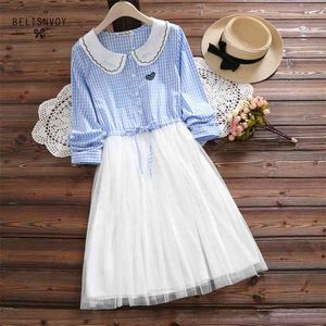 Mori Menina Primavera Outono Mulheres Vestido Casual Doce Malha Malha Retalhamento Femininos Vestidos Manga Longa Corda de Algodão Vestidos de Linho 210520