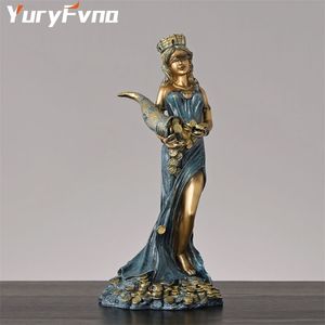 Yuryfvna Grecka bogini szczęścia i fortuny Statuessin Oślepiony dama trzyma róg bogactwa rzymskie figurki wystrój domu 210727